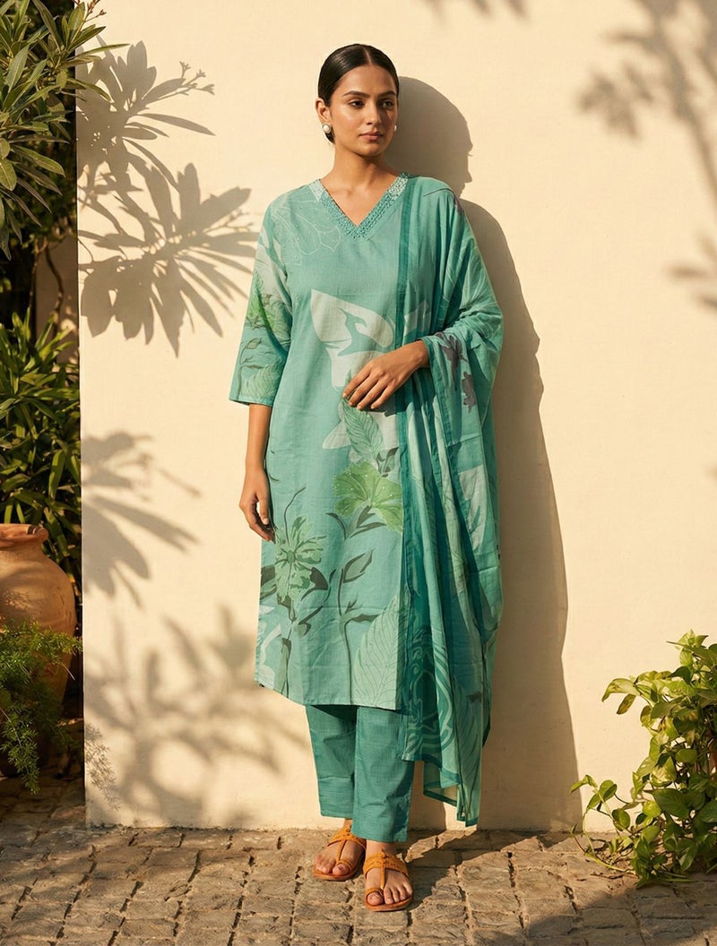 trueBrowns Teal Floral Print Straight Kurta Pant Dupatta Set - Image 1